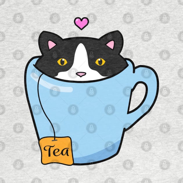 Sweet tuxedo cat sitting in a blue cup of tea by Purrfect